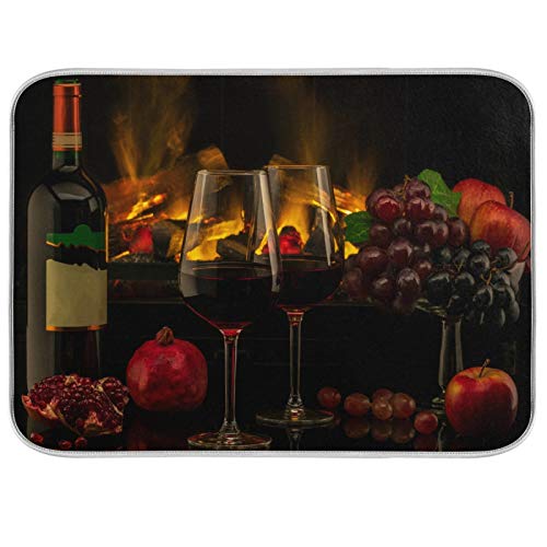 Romantic Dinner Red Wine Glass Dish Drying Mat 16 X 18 Inches Fruits Pomegranate Fireplace Apple Grapes Bottle Dry Dishes Pads Mats for Kitchen Tableware Protector Countertops Counter Home Decorations