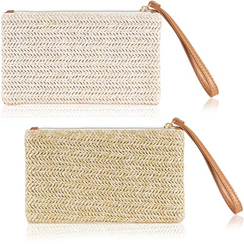 2 Pieces Straw Clutch Purse Straw Handbag for Women Summer Beach Straw Bag Bohemian Wristlet Bag (Beige-White, Beige-Yellow)