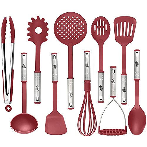Kitchen Utensils Set, 10 Nylon Stainless Steel Cooking Utensils, Non Stick and Heat Resistant Cookware set New Chef’s Gadget Tools Collection