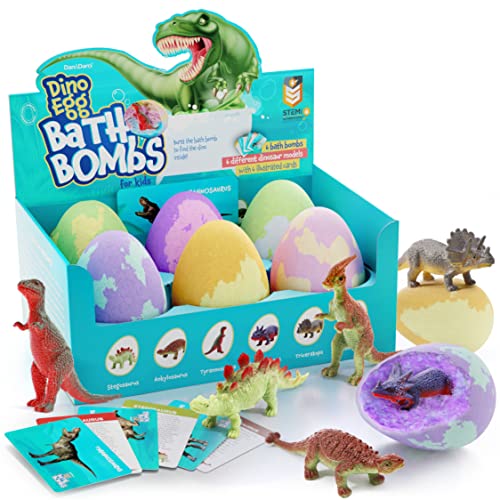 Dino Egg Bath Bombs with Surprise Inside for Kids – 6 Pack – Includes Dinosaur in Each Fizzy + Learning Cards – Kids Bath Bombs with Toys Inside – Great Science Gifts – Kid Fizzies