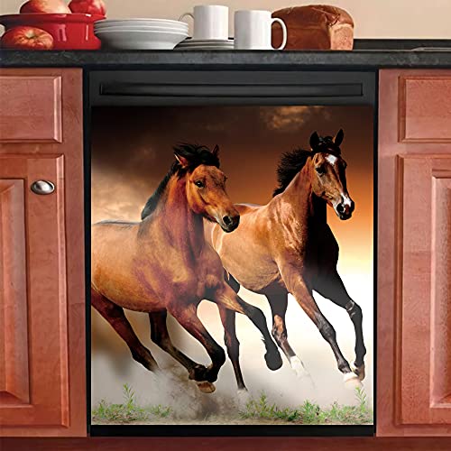Kitchen Running Horse Dishwasher Magnet Cover Brown Horse Frigerator Door Panel Decal Animal Home Decorative Sticker 23x26inch, Run Horse