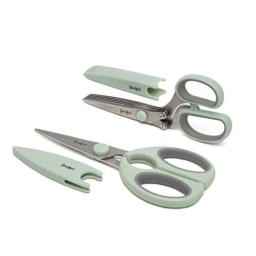Goodful Utility Kitchen Shear and 5-Blade Herb Shear Set, Premium Stainless Steel Blades with Protective Guards, Comfort Grip Handles, Built-in Herb Shear Cleaning Comb, 2-Piece Set, Sage Green