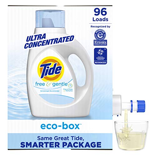 Tide Free And Gentle Eco-Box Laundry Detergent Liquid Soap, Ultra Concentrated He, 96 Loads – Unscented And Hypoallergenic For Sensitive Skin, Free And Clear Of Dyes And Perfumes