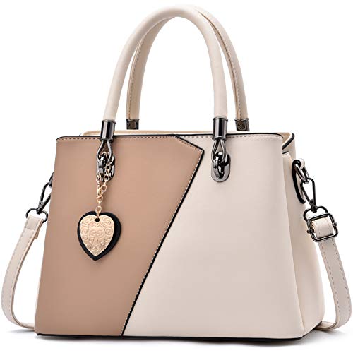 Womens Leather Handbags Purse Top-handle Bags Contrast Color Stitching Totes Satchel Shoulder Bag for Ladies White
