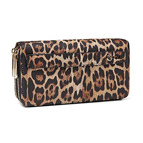 Daisy Rose Dual Zipper Phone Clutch and Wallet for Women – RFID Blocking, PU Vegan Leather Multi-Card Organizer – Leopard