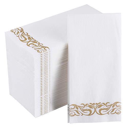 [200 Pack] Disposable Guest Towels Soft and Absorbent Linen-Feel Paper Hand Towels Durable Decorative Bathroom Hand Napkins for Kitchen,Parties,Weddings,Dinners or Events,White and Gold