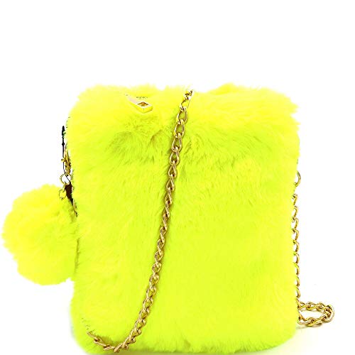 Neon Color Ultra Smooth Soft Fluffy Faux-Fur Pom Pom Small Cute Phone Crossbody Bag (1.Neon-Yellow)