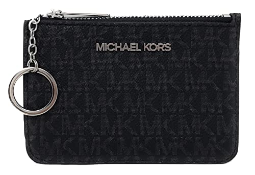 Michael Kors Jet Set Travel Small Top Zip Coin Pouch with ID Holder – PVC Coated Twill (Black with Silver Hardware)