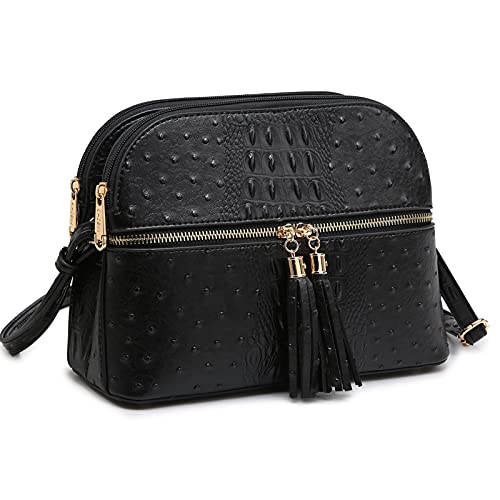 Dasein Women Tassel Zipper Pocket Crossbody Bag Shoulder Purse Fashion Travel Bag with Multi Pockets(Ostrich Black)