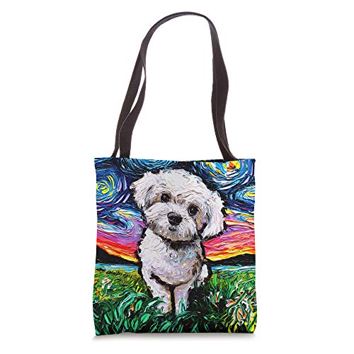 Maltipoo Starry Night White Maltese Poodle Dog Art by Aja Tote Bag
