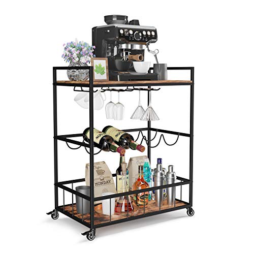 Industree Serving Cart on Wheels, 3-Tier Bar Cart with Wine Rack, Modern Wood and Metal Portable Coffee Cart Table for Home, Romantic Rustic Brown and Elegant Black, Gentleman’s Party Cart(Max)