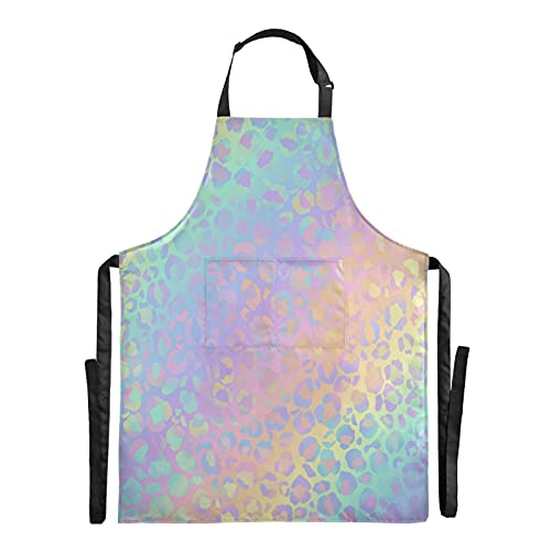 xigua Holographic Leopard Print CookingBaking Apron, Adjustable Neck and Large Pockets for Women Men | Chef, Suitable for Home Kitchen, Cafe, Outdoor BBQ or Grill, etc. 34.7inx26.7in