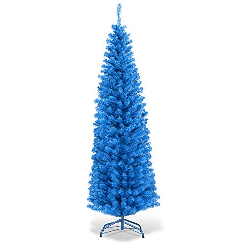Goplus 6ft Blue Pencil Christmas Tree, Artificial Slim Tree, Xmas Decor for Indoor and Outdoor