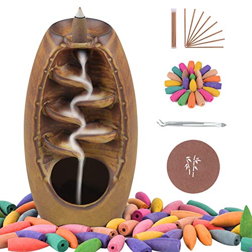 SPACEKEEPER Ceramic Backflow Incense Holder Incense Burner Waterfall, with 120 Backflow Incense Cones & 30 Incense Stick, Aromatherapy Ornament Home Decor, Brown