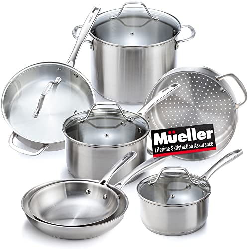 Mueller Pots and Pans Set 11-Piece, Ultra-Clad Pro Stainless Steel Cookware Set, Ergonomic and EverCool Stainless Steel Handle, Includes Saucepans, Skillets, Stockpot, Saute Pan, Steamer