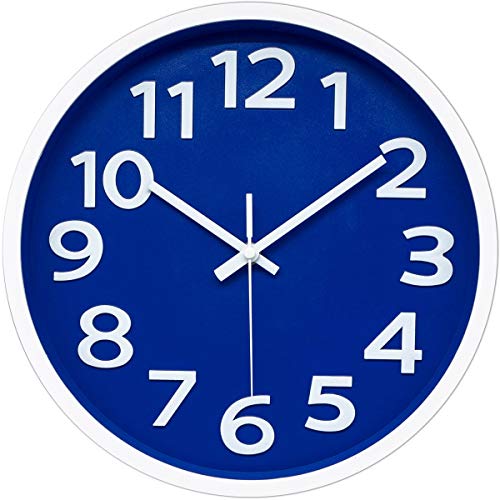 12 Inch Modern Wall Clock Silent Non-Ticking Battery Operated 3D Numbers Bright Color Dial Face Wall Clock for Home/Office Decor,Blue
