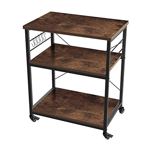 AZL1 Life Concept Kitchen Microwave Cart 3-Tier Kitchen Utility Cart and Rolling Bakers Rack with 5 Hooks for Living and kitchen room,23.72 inches, Rustic Brown