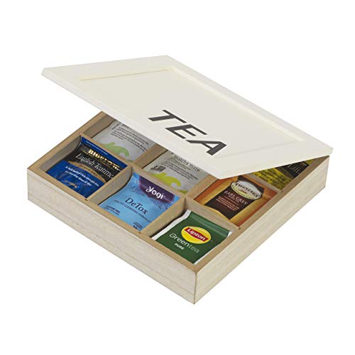 10 STREET HOME Decorative Wood Tea Bag Organizer Box with 9 Slots for Standard Size Tea Bags, Beige and Wood Color Rustic Style for Kitchen Counter and Cabinet