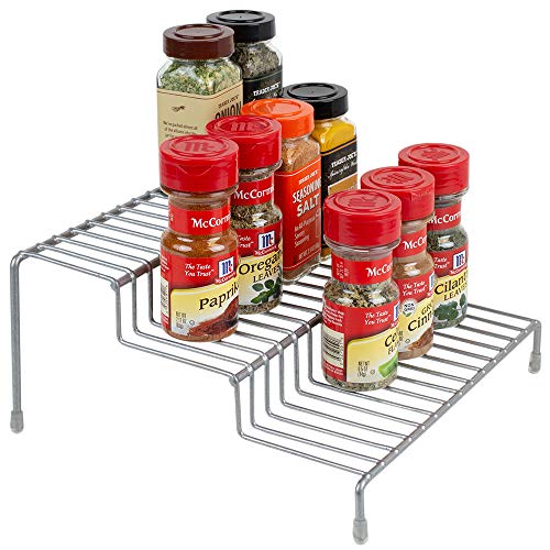 Home Basics 3 Level Vinyl Coated Steel Seasoning Rack Step Shelf Organizer Rack, Easy View & Reach Herbs, Spices, Seasoning Containers/Jar for Kitchen Pantry Countertop, Silver (2)