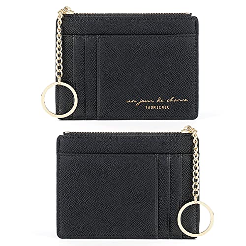 Valentoria Slim RFID Blocking Card Holder Small Pocket Wallet Keychian Zipper Coin Purse Minimalist Leather Cash & Coin & Cards Case for Women Men (Black)