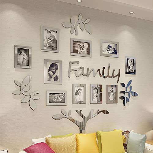 Vaabee Family Tree Wall Decor Acrylic 3D DIY Mirror Stickers Picture Frame Collage Home Decorations for Living Room Bedroom Dinning Office New House Gifts Silver Set Large 47×47 Inch