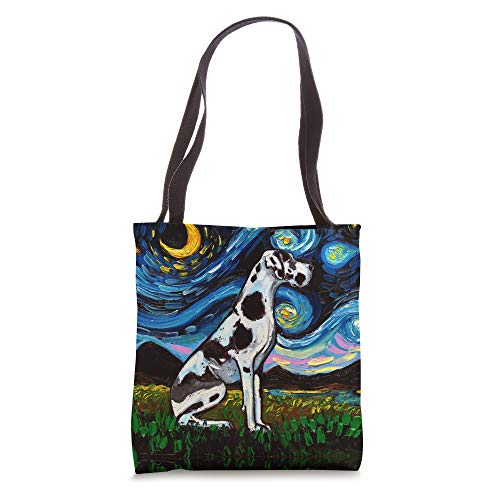 Harlequin Great Dane Starry Night Dog Animal Art by Aja Tote Bag