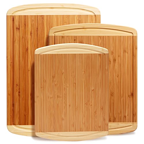 Organic Bamboo Cutting Board Set of 3 with Lifetime Replacements – Wood Cutting Board Set with Juice Groove – Wooden Chopping board Set for Kitchen, Meat and Cheese – Wooden Cutting Boards for Kitchen