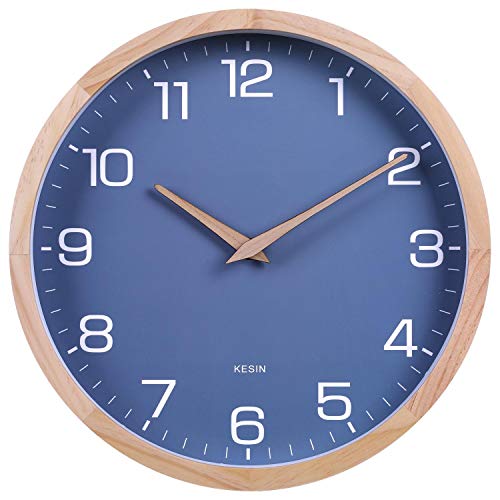 Kesin 12 Inches Wood Blue Wall Clock Silent Round Modern Wall Clocks Battery Operated with Large Numbers & HD Glass Decorative Home Kitchen Living Room Bedroom Kid’s Room Office