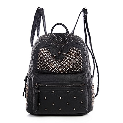 Ladies Women PU Leather Backpack Rivet Studded Cute Satchel School Bags (Black-L)