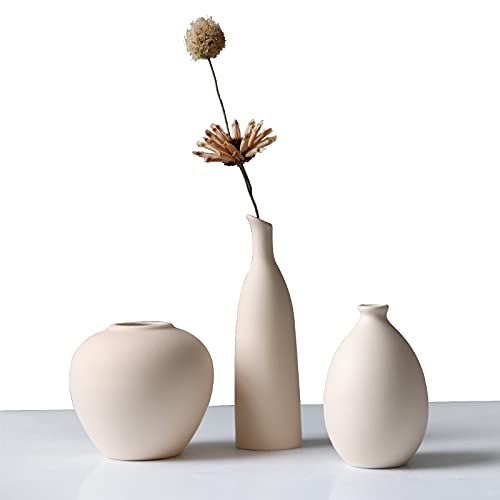 Abbittar Ceramic Vase Set of 3, Small Flower Vases for Rustic Home Decor, Modern Farmhouse Decor, Living Room Decor, Shelf Decor, Table Decor, Bookshelf, Mantel and Entryway Decor – Beige