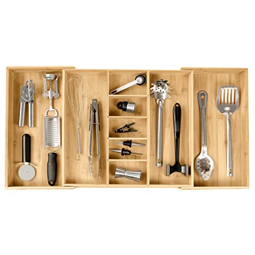 KitchenEdge Adjustable Kitchen Drawer Organizer for Utensils and Junk, Expandable to 33 Inches Wide, 9 Compartments, 100% Bamboo