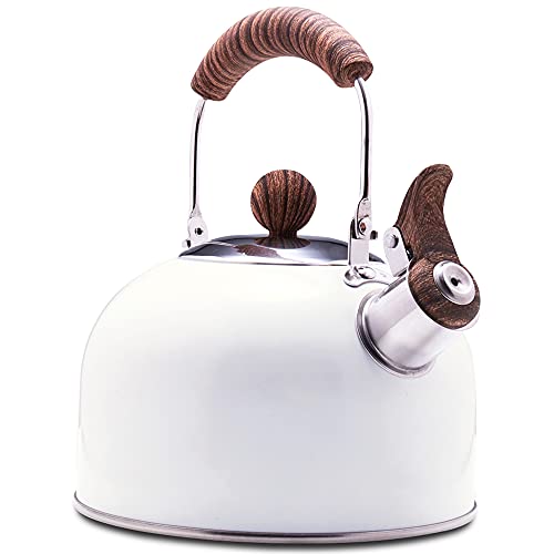 ROCKURWOK Whistling Tea Kettle, 2.5 QT / 80 OZ, White Teapot, Universal Base for Induction | Gas | Electric | Halogen | Radiant, Cool Toch Foldable Handle, Vintage