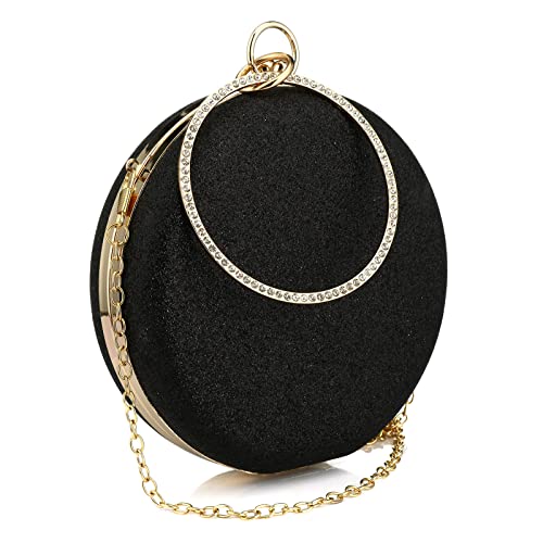 Women’s Round Ball Clutch Rhinestone Ring Handle Designer Wristlets Handbag Purse Wedding Party Prom Evening Bag (Black)