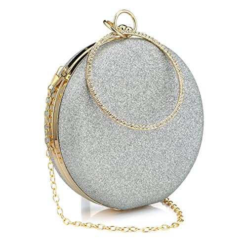 Women’s Round Ball Clutch Rhinestone Ring Handle Designer Wristlets Handbag Purse Wedding Party Prom Evening Bag (Silver)