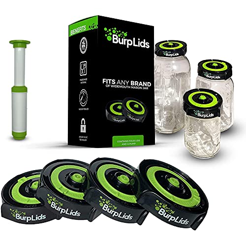 Burp Lids Curing Kit – Fits All Wide Mouth Mason Jar Containers – Home Harvesting Essentials Includes 4 Lids with Extraction Pump – Vacuum Sealed for successful Cure