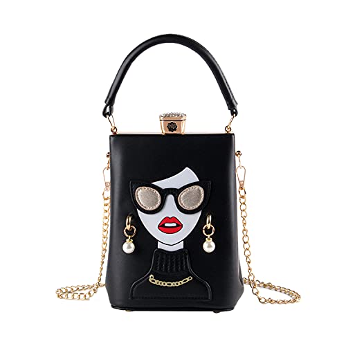 KUANG! Women 3D Lady Face Tote Shoulder Bags Funky PU Leather Satchel Handbags Chain Clutch Purse with Pearl Earrings