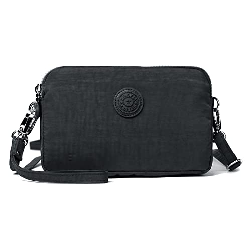 Mindesa Small Nylon Crossbody Bags Triple Zip Clutch Wallet Waterproof Lightweight Cell Phone Shoulder Handbags(Black)