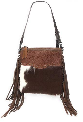 Western Genuine Tool Leather Cowhide Fur Fringe Womens Crossbody Bag in 3 Colors (Brown)