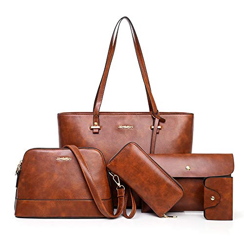 Handbag Set for Women 5 Pack Tote Purse Handbags Set PU Leather Satchel Shoulder Crossbody Wallet Card Holder Bag Set, Brown