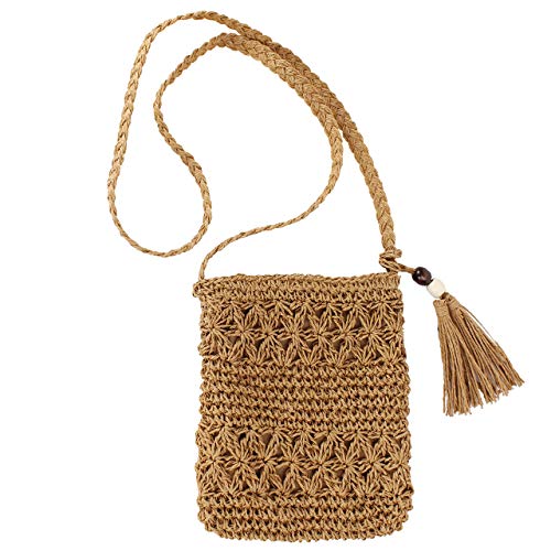 Ayliss Women Straw Crossbody Purse Beach Handmade Woven Shoulder Bag with Tassels (Rectangle Khaki #1)