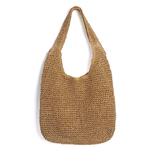 Ayliss Women Straw Woven Summer Beach Bag Tote Shoulder Handmade Weaving Handbag (Khaki #1)