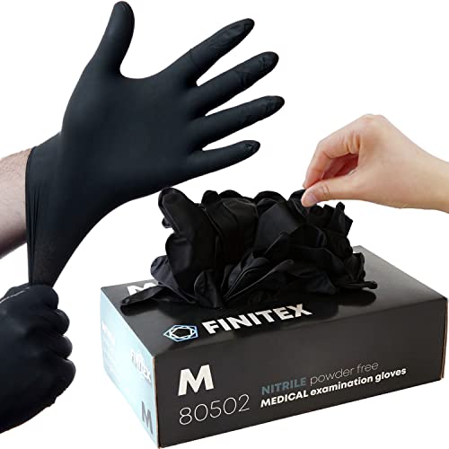 FINITEX – Black Nitrile Disposable Gloves, 5mil, Powder-free, Medical Exam Gloves Latex-Free 100 PCS For Examination Home Cleaning Food Gloves (Medium)
