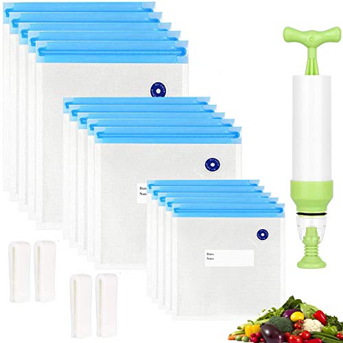Sous Vide Bags 20pack Reusable Vacuum Food Storage Bags with 3 Sizes Vacuum Food Bags,1 Hand Pump,4 Sealing Clips for Food Storage and Sous Vide Cooking