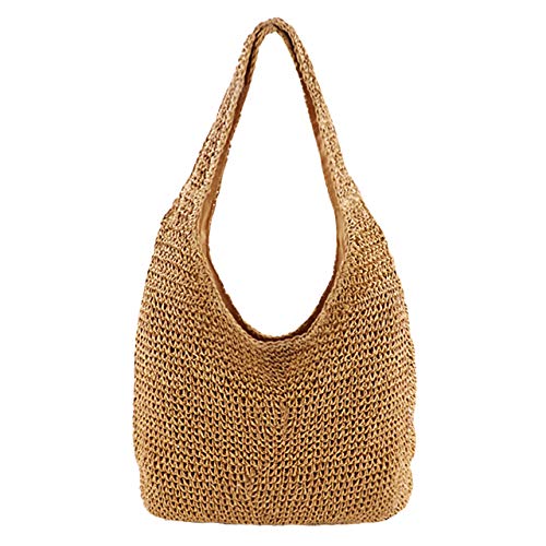 CHIC DIARY Womens Hand-woven Straw Shoulder Bag Large Summer Beach Leather Handles Handbag Tote with Zipper (#01-Khaki)