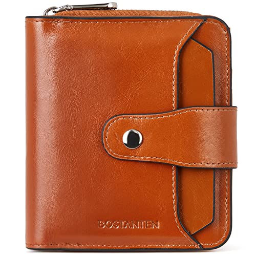 BOSTANTEN Leather Wallets for Women RFID Blocking Zipper Pocket Small Bifold Wallet Card Case Brown