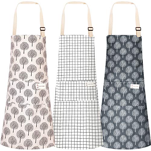 hatisan Cotton Linen Adjustable Bib Aprons with 2 Pockets Cooking Kitchen Aprons for Men Women (Tree + Check)