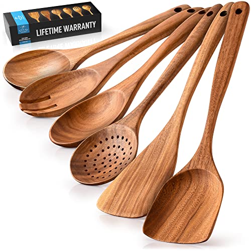 Zulay Kitchen 6 Piece Wooden Spoons for Cooking – Smooth Finish Teak Wooden Utensils for Cooking – Soft Comfortable Grip Wood Spoons for Cooking – Non-Stick Wooden Cooking Utensils – Wooden Spoon Sets