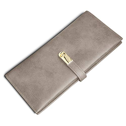 TOPKULL Ultra Slim Wallet for Women Leather,Thin Womens Wallet Billfold Skinny Rfid Ladies Wallet Large Bifold Long Card Holder Flat Coin Purse Magnetic Closure (Grey)