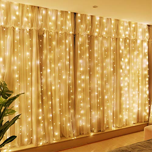 HXWEIYE 300LED Fairy Curtain Lights, USB Plug in 8 Modes Christmas Fairy String Hanging Lights with Remote Controller for Bedroom, Indoor, Outdoor, Weddings, Party, Decorations（9.8×9.8Ft, Warm White）