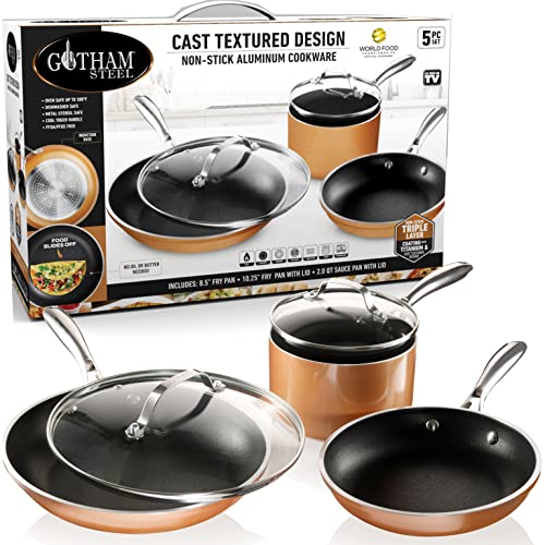 Gotham Steel Copper Cast 5 Piece Cookware, Pots and Pan Set with Triple Coated Nonstick Copper Surface & Aluminum Composition for Even Heating, 100% Non-Toxic, Oven, Stovetop & Dishwasher Safe